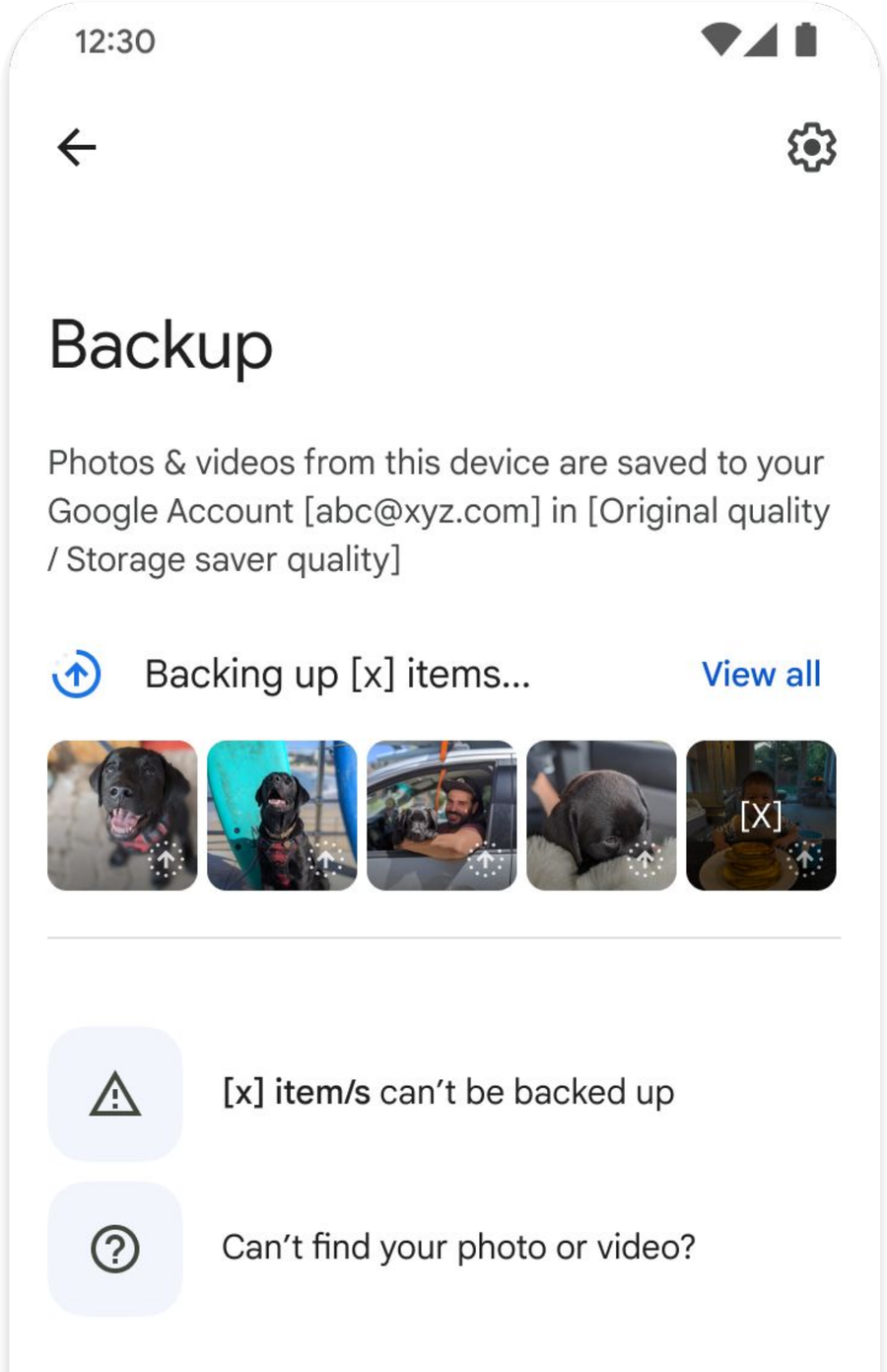 The Backup screen in Google Photos: where photos are saved, a backup-in-progress row with thumbnails, and entry points for items that can&rsquo;t be backed up and for finding a missing photo.
