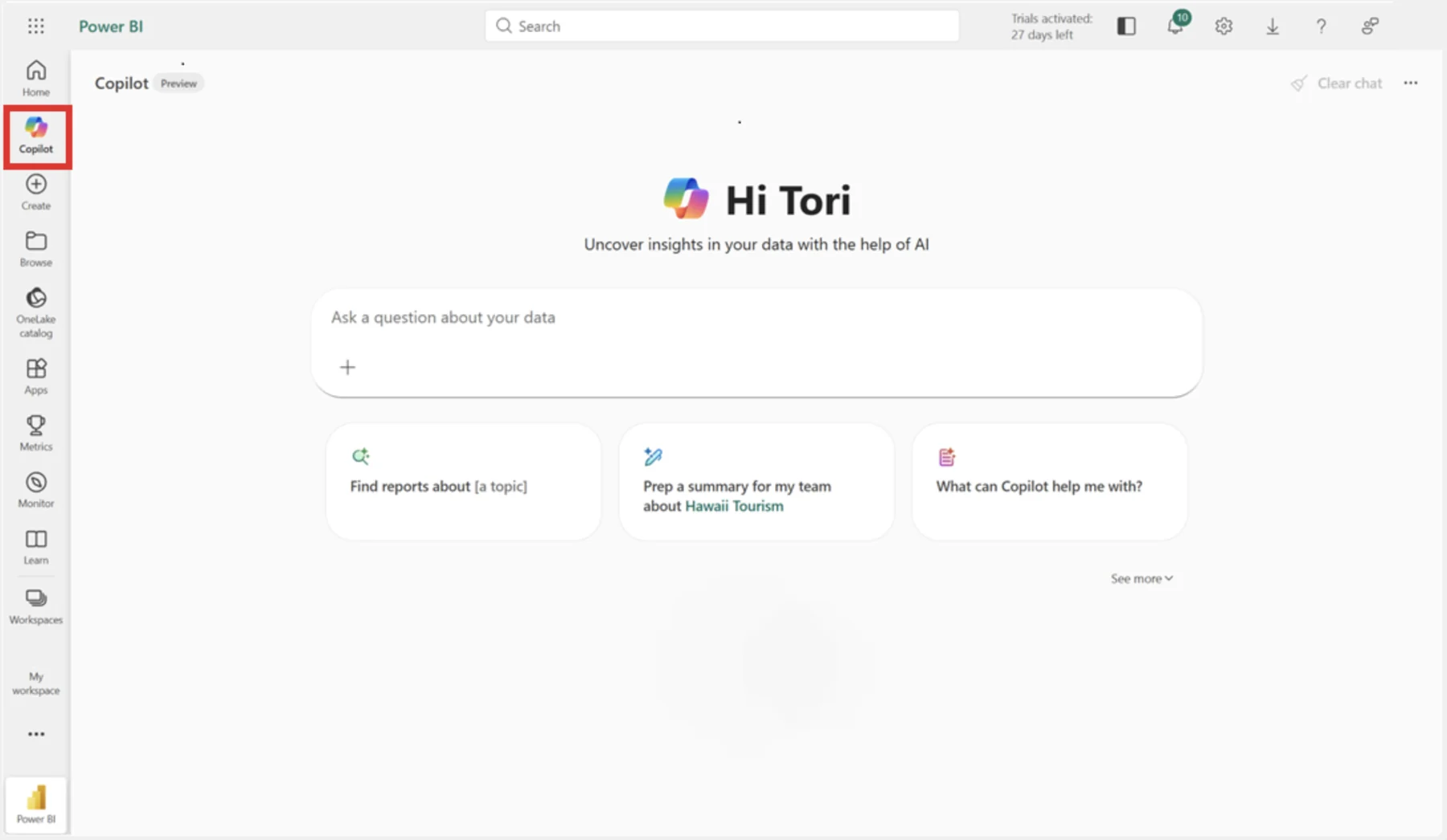 The standalone Copilot experience in Power BI: a full-screen chat with a greeting, an &ldquo;Ask a question about your data&rdquo; input, and suggestion cards for finding reports, preparing a summary, and learning what Copilot can do.
