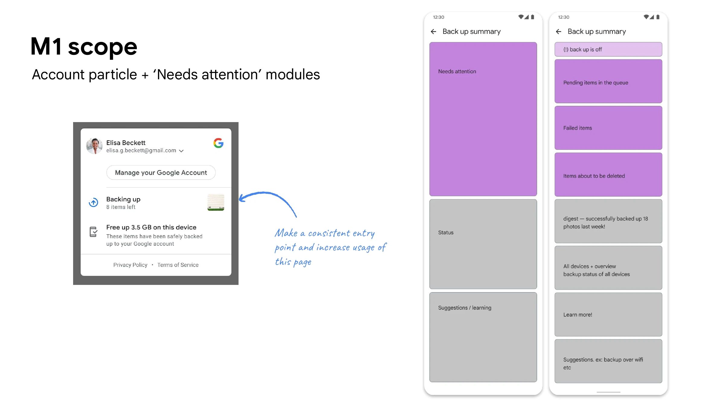 M1 scope — account particle and 'needs attention'