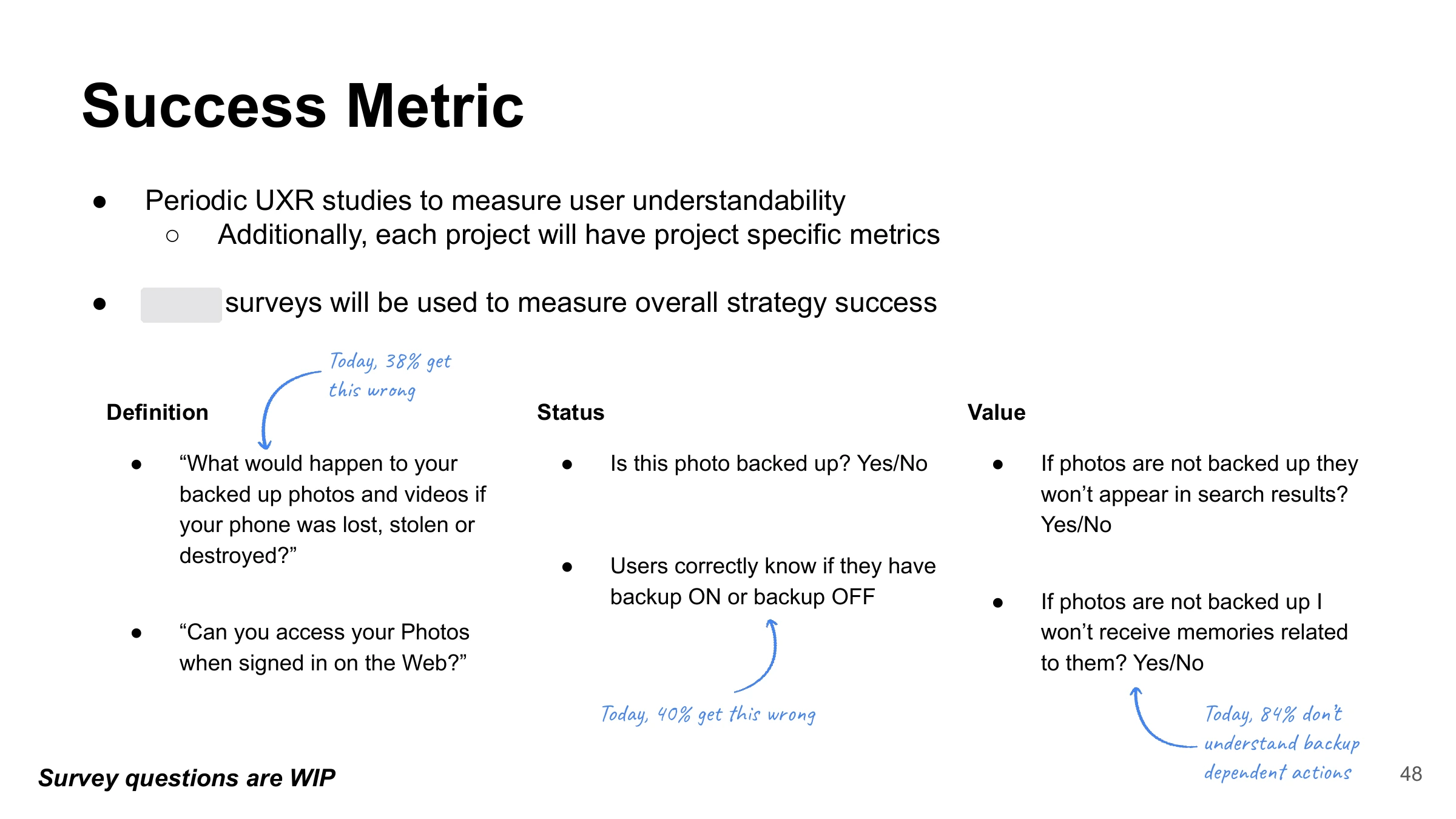 Success Metric — ●       Periodic UXR studies to measure user understandability