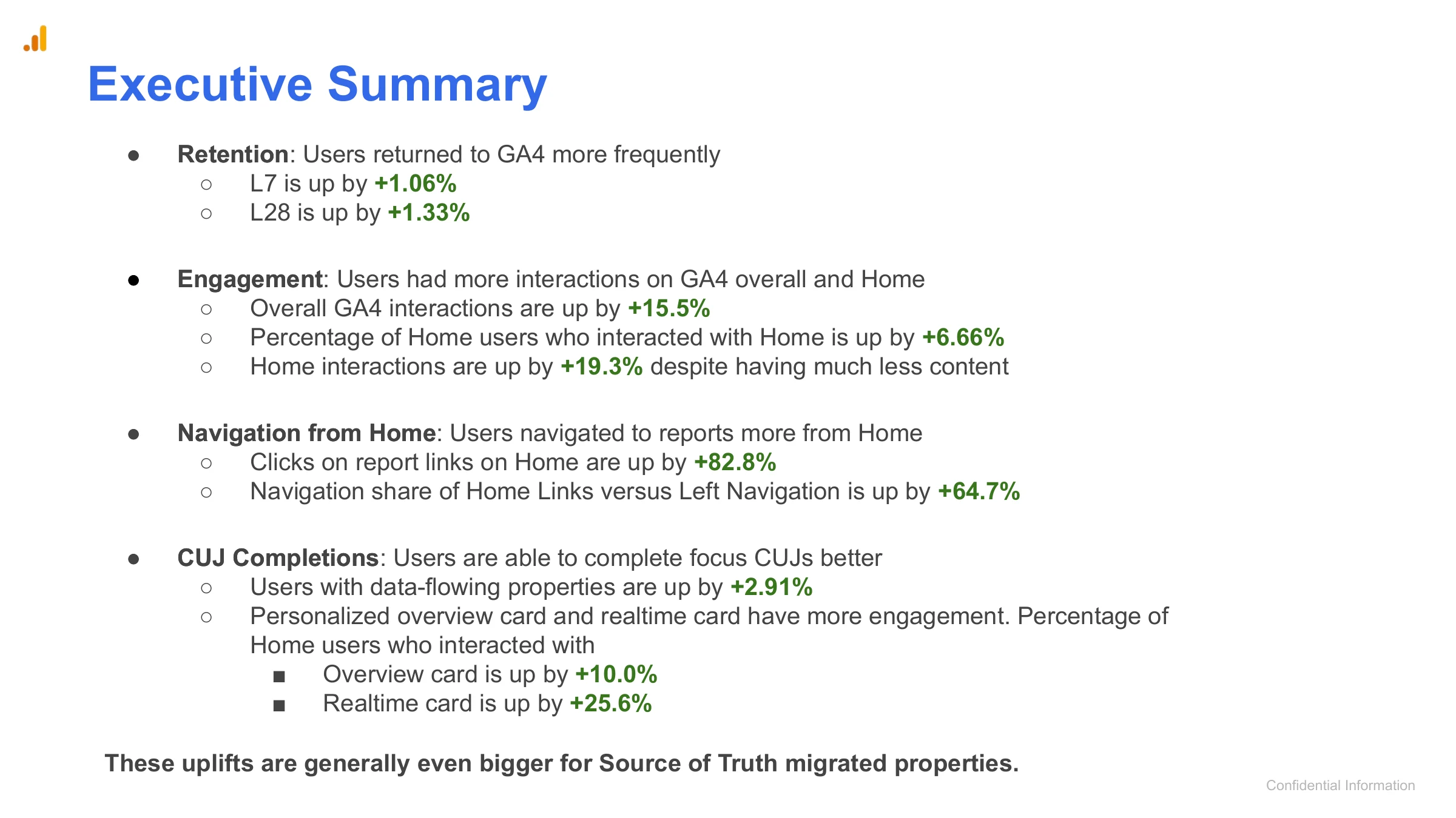 Executive Summary — ●    Retention: Users returned to GA4 more frequently