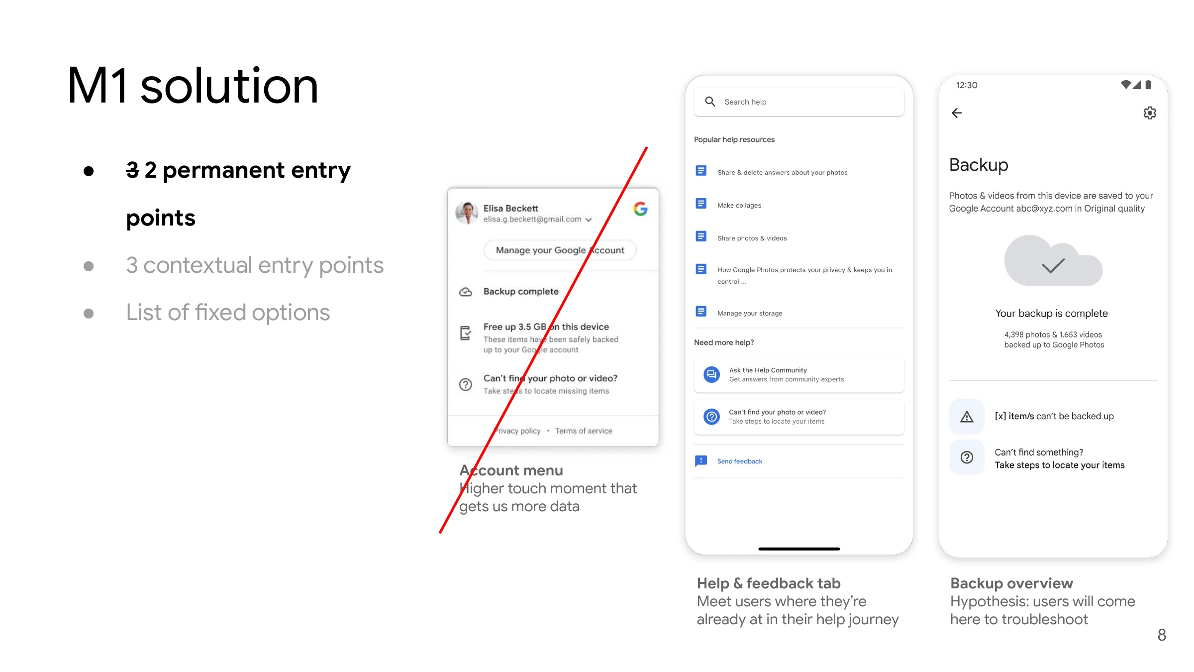 Permanent entry points — the account menu is struck through, leaving help and feedback, and backup overview