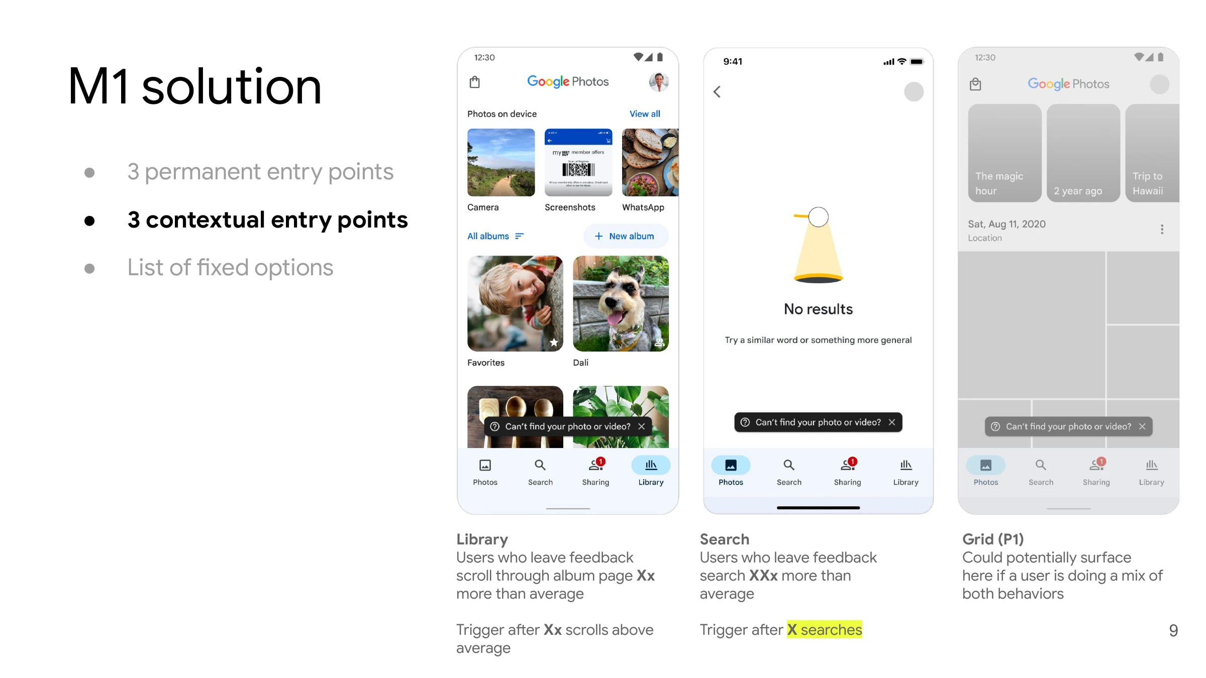 Contextual entry points — library, search, and potentially the grid